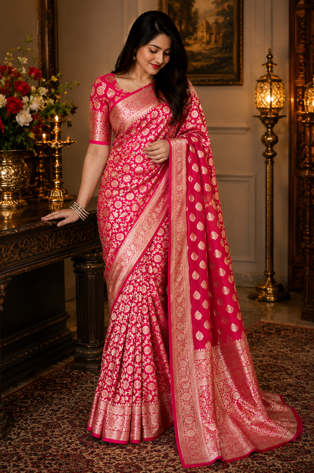 Banarasi Silk Saree With Blouse For Women (Red, 6.3M)