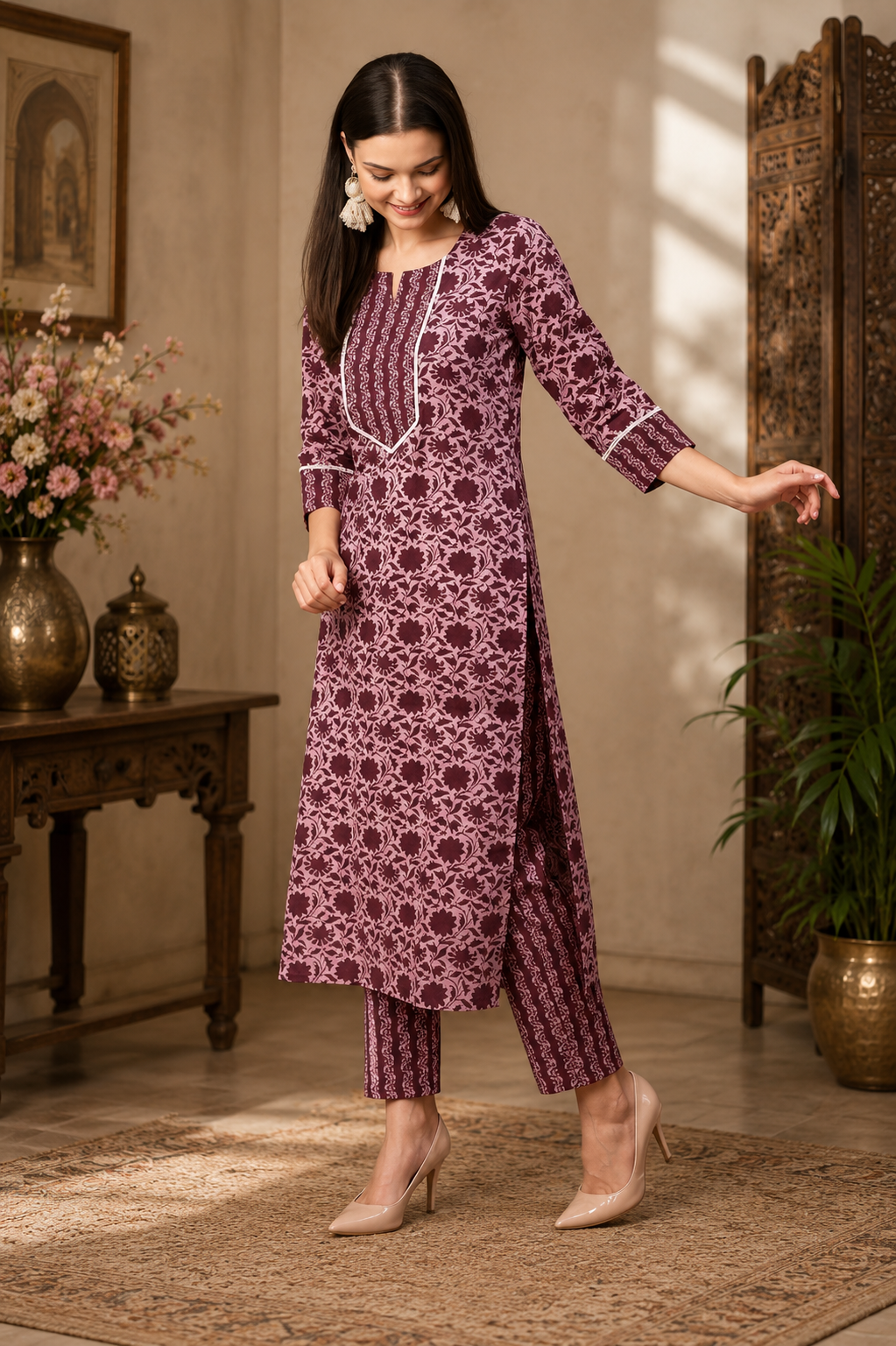 Floral Printed Women Cotton Women Kurta With Pant (2 Psc Set)