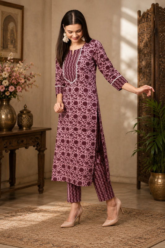 Floral Printed Women Cotton Women Kurta With Pant (2 Psc Set)