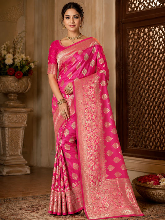 Banarasi Silk Saree With Blouse For Women (Pink, 6.3M)