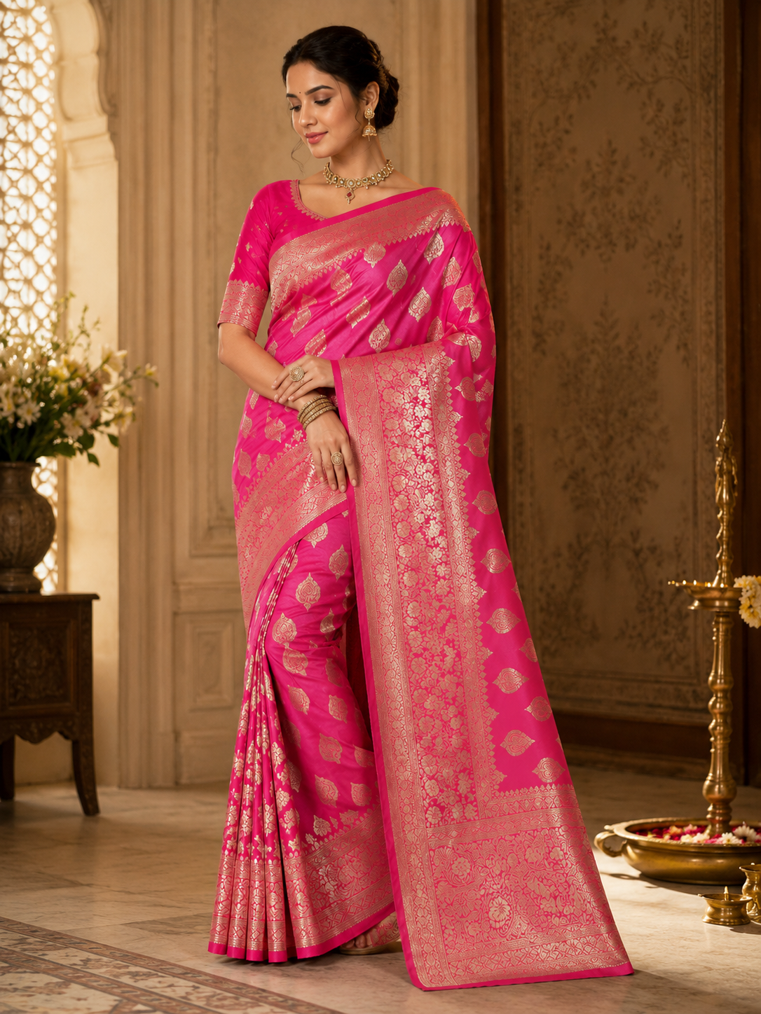 Banarasi Silk Saree With Blouse For Women (Pink, 6.3M)
