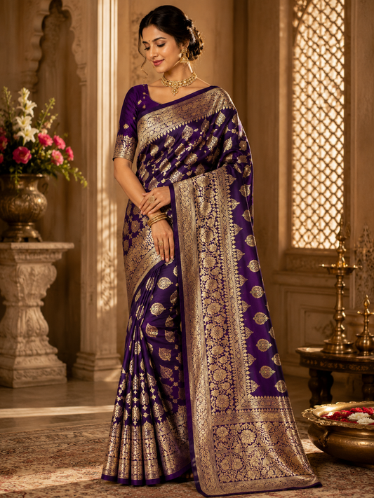 Banarasi Silk Saree With Blouse For Women (Purple, 6.3M)