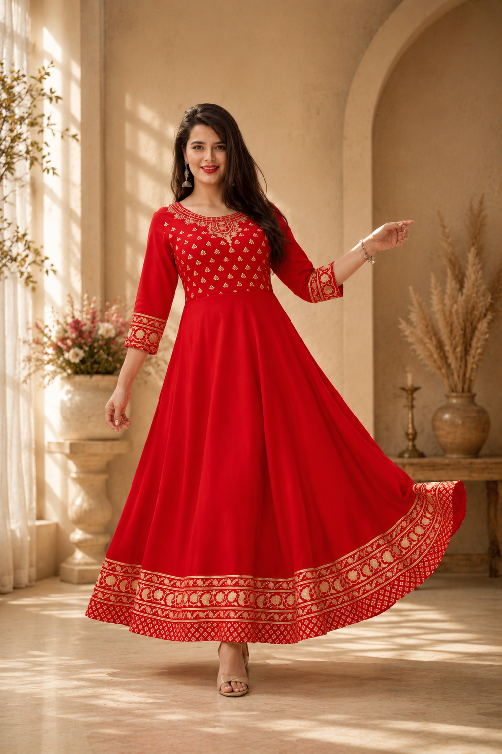 Rayon Printed Anarkali Kurti for Women (Red, S)