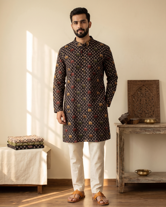Royal Sanganeri Black Long Kurta