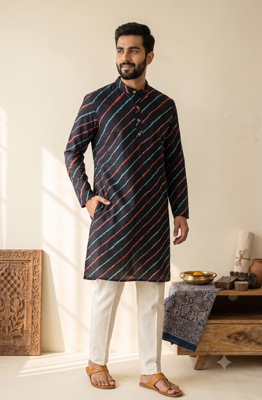 Black Lehriya Long Kurta