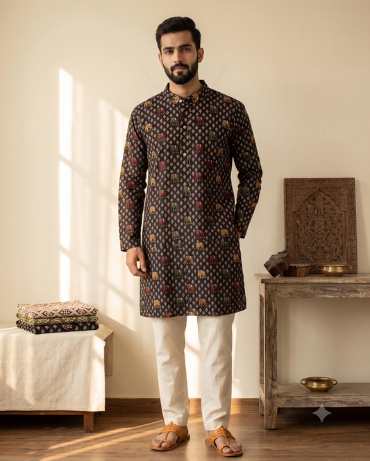 Royal Sanganeri Black Long Kurta