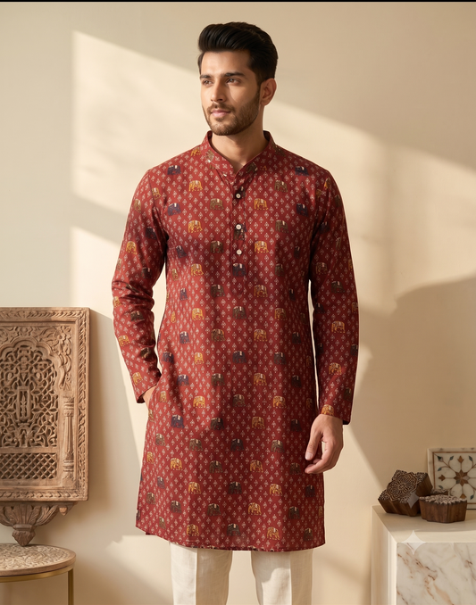 Royal Sanganeri Red Long Kurta