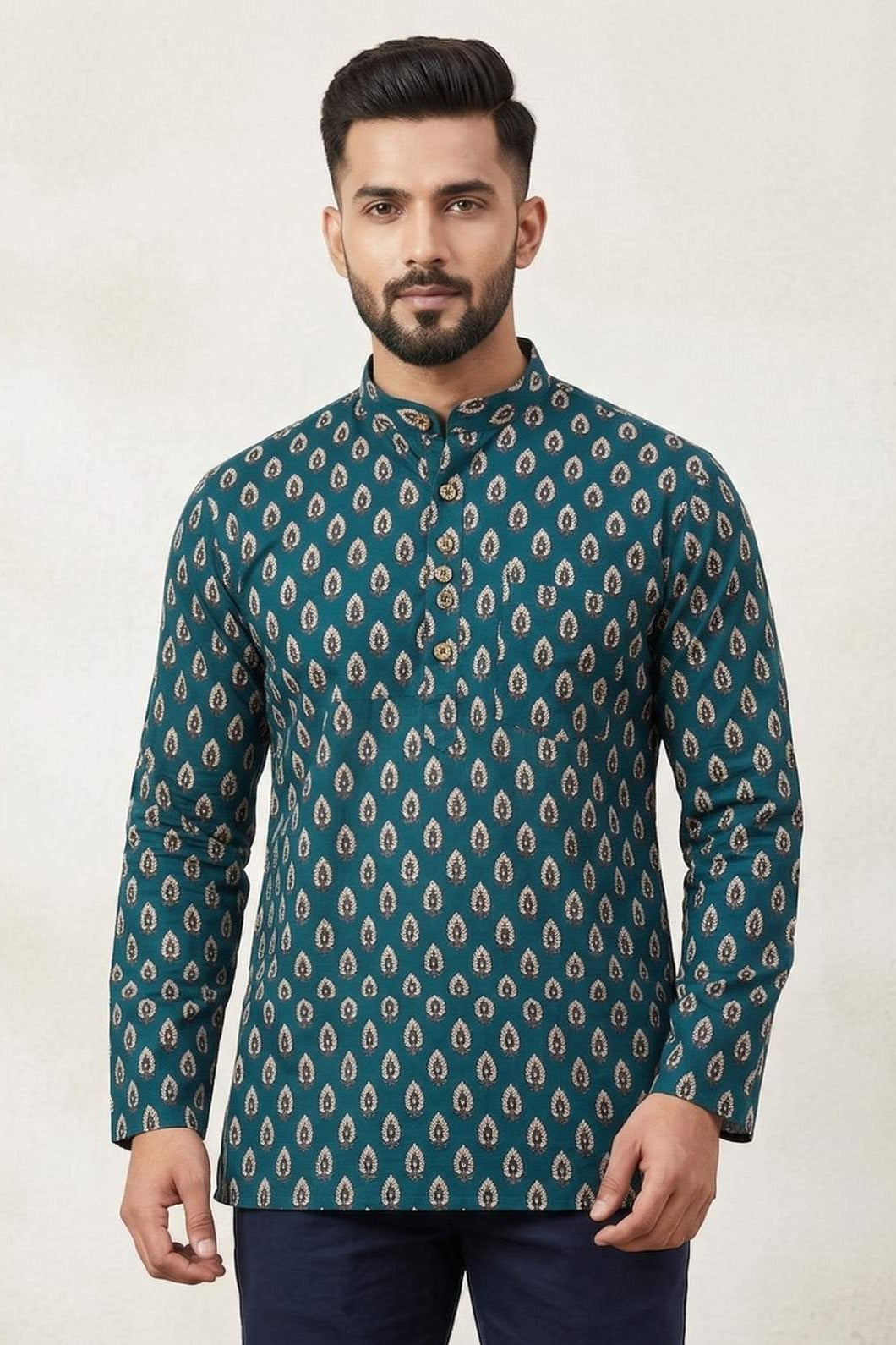 Heritage Teal Leaf Print Short Kurta
