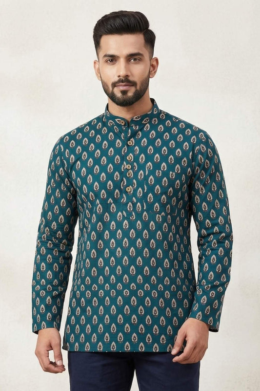 Heritage Teal Leaf Print Short Kurta