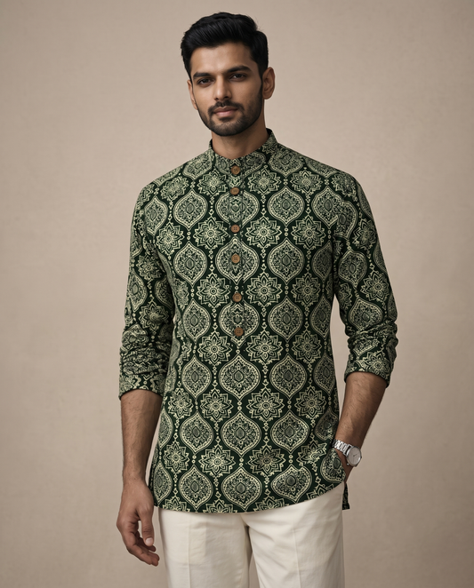 Mehandi Green Printed Short Kurta