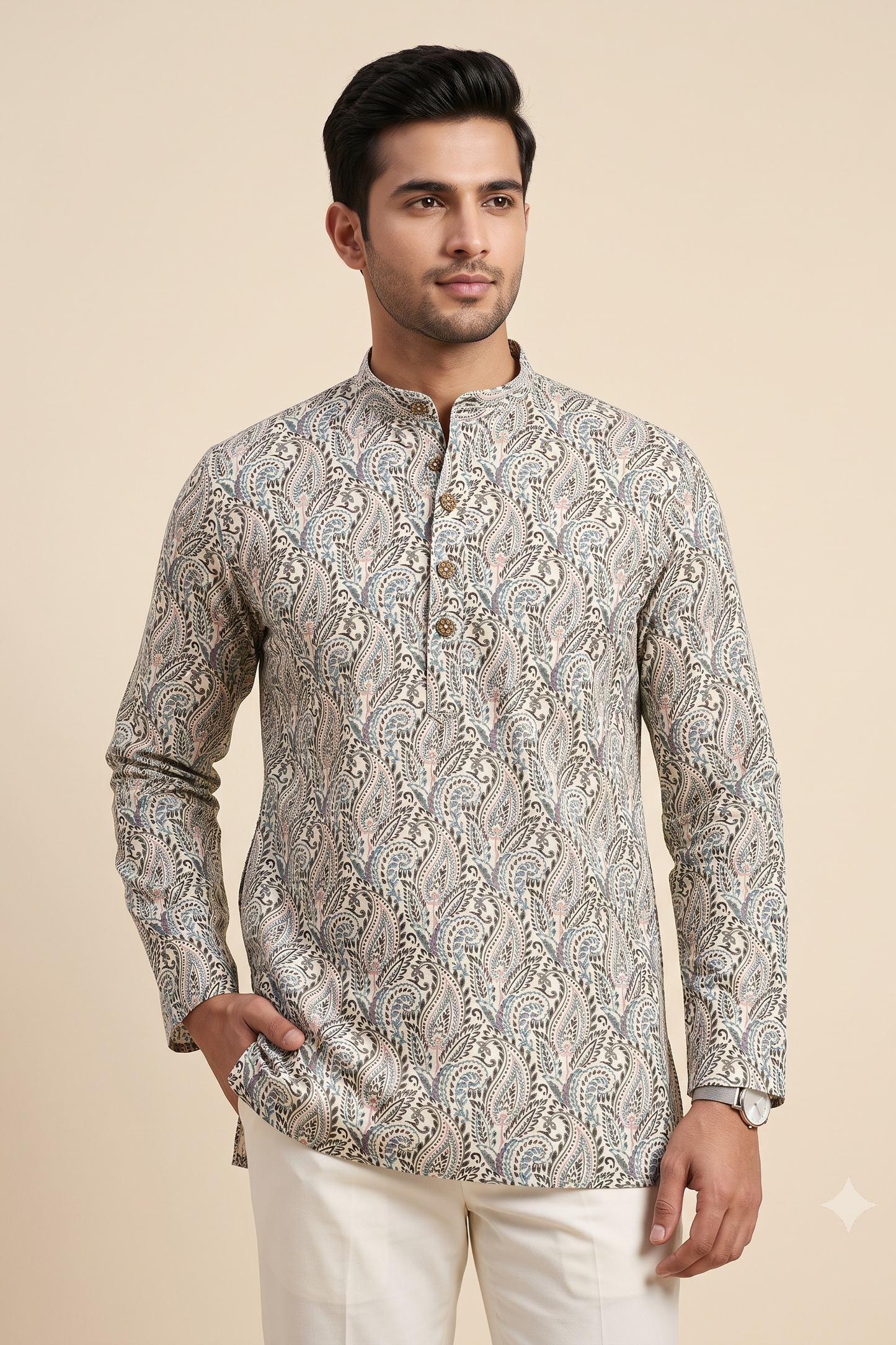 Men's Off-White Pastel Print Short Kurta