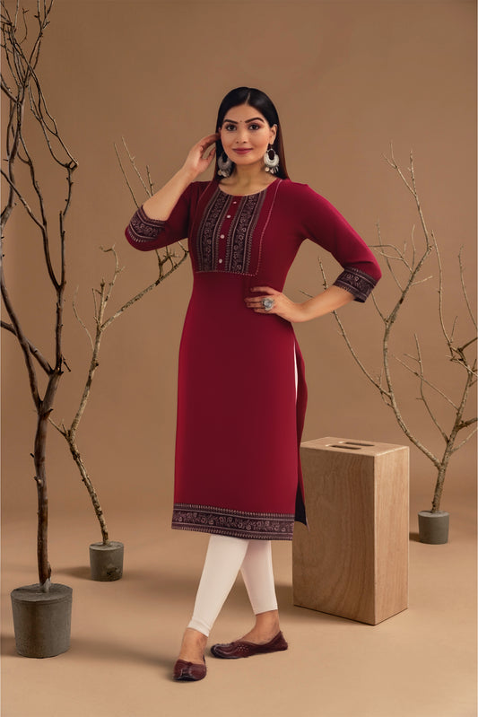 Maroon Embroidered Cotton Straight Kurta for Women