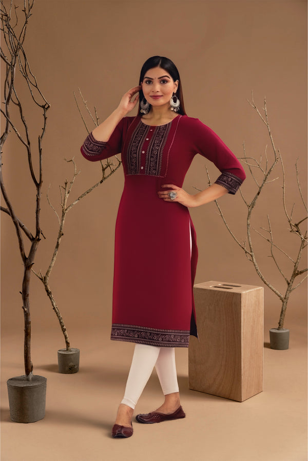Maroon Embroidered Cotton Straight Kurta for Women