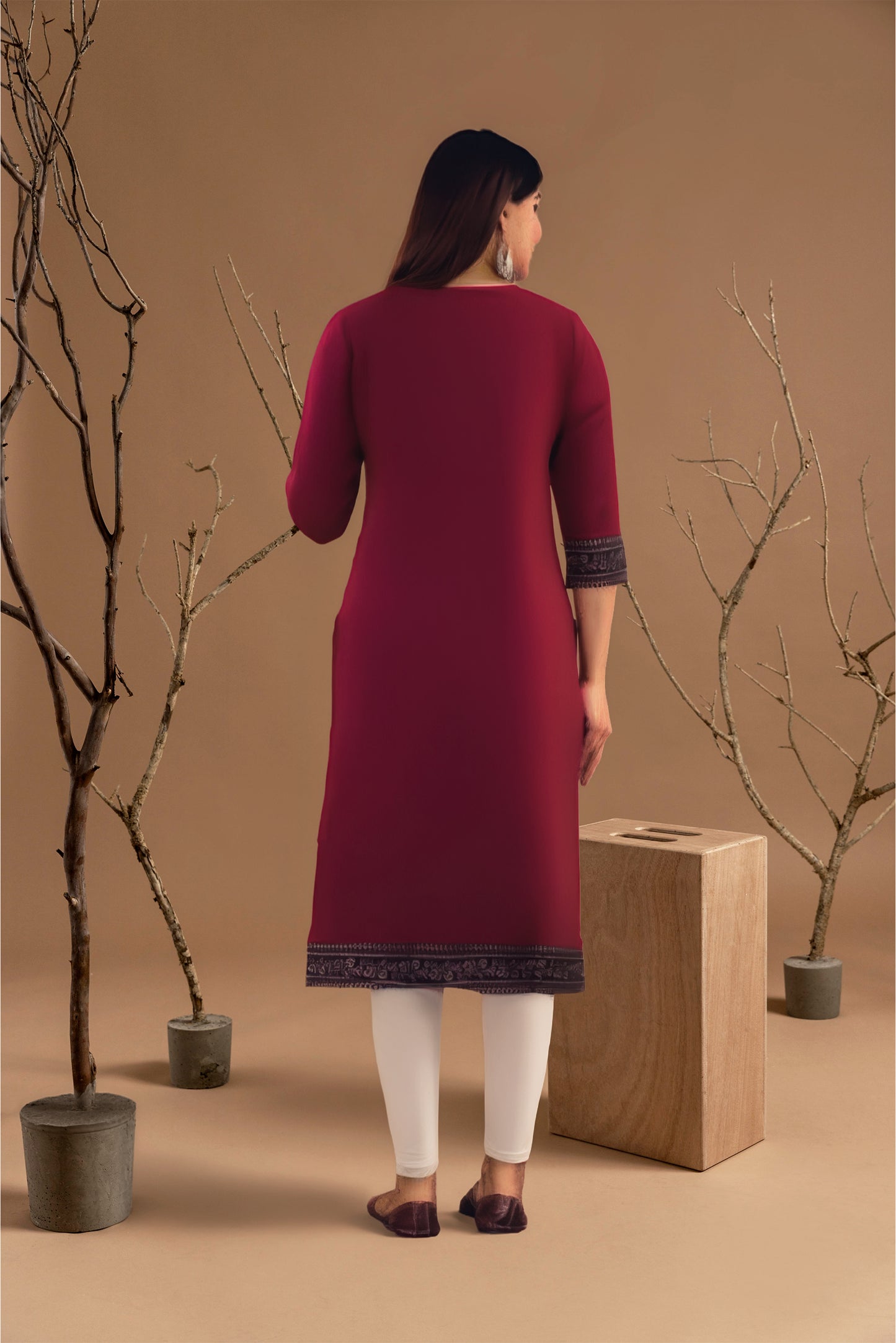 Maroon Embroidered Cotton Straight Kurta for Women