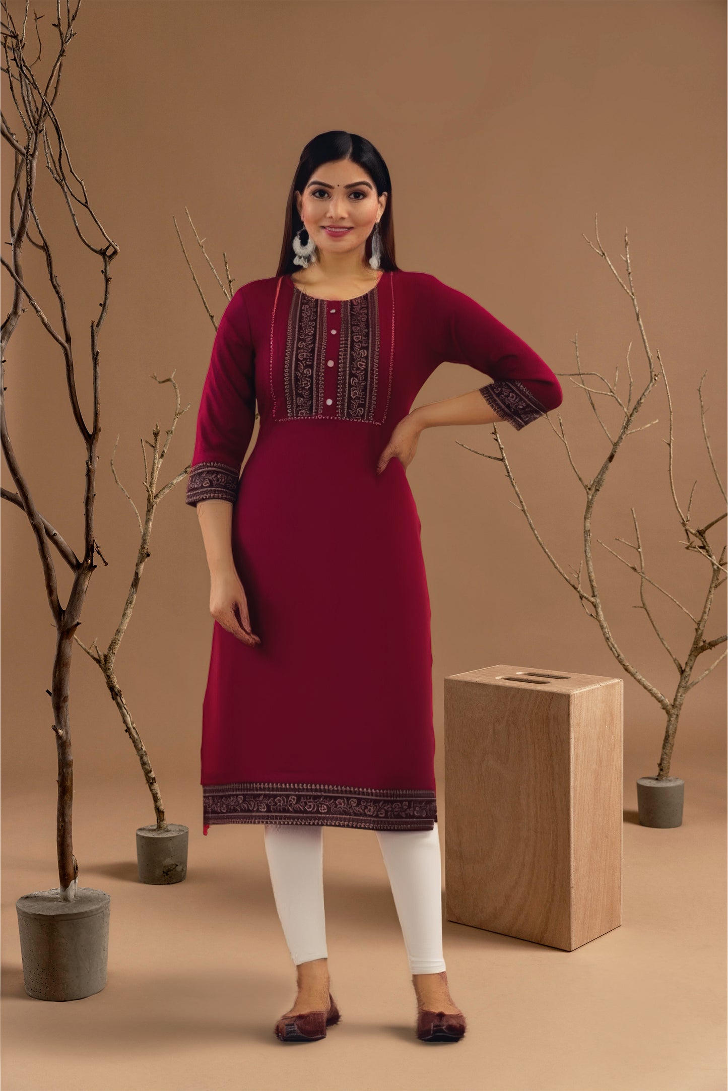 Maroon Embroidered Cotton Straight Kurta for Women