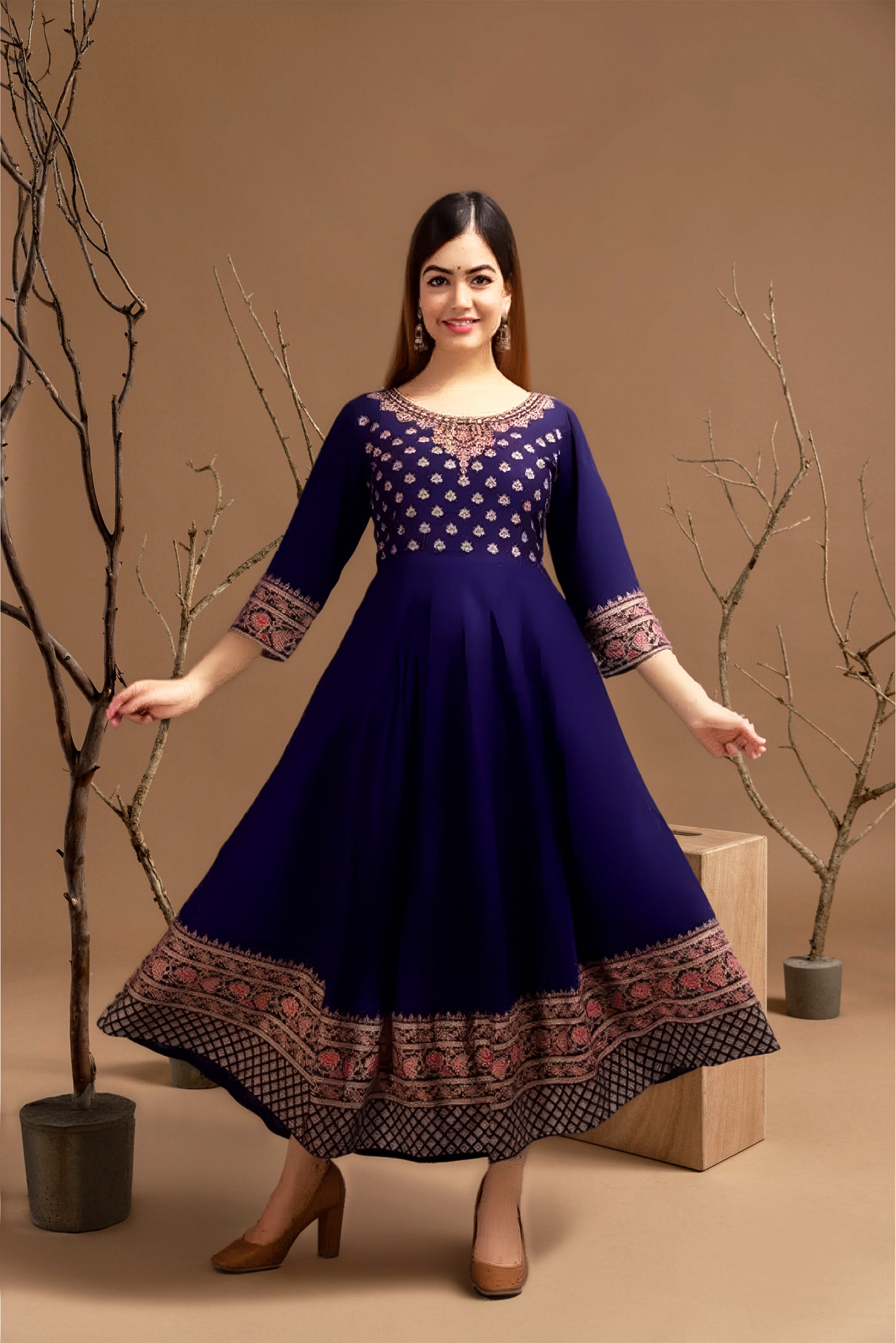 Rayon Printed Anarkali Kurti for Women (Blue, S)