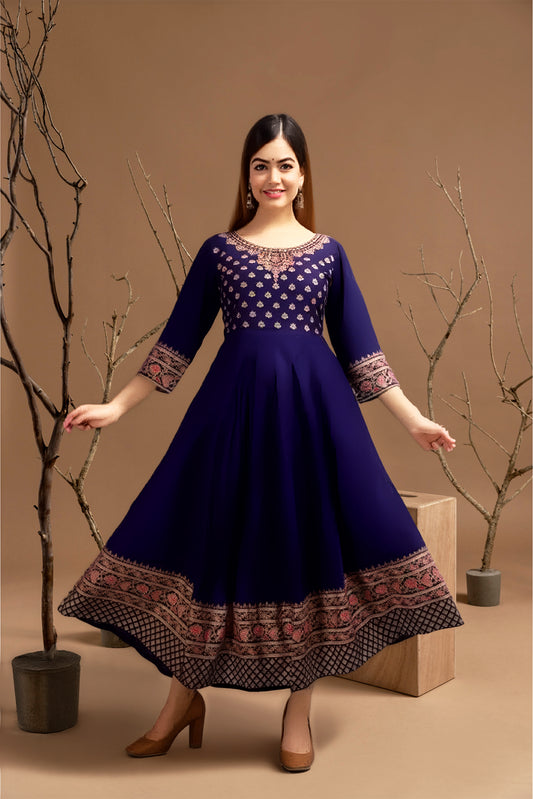 Rayon Printed Anarkali Kurti for Women (Blue, S)