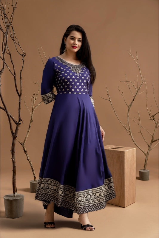 Rayon Printed Anarkali Kurti for Women (Blue, S)