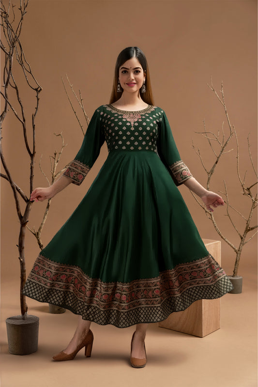 Rayon Printed Anarkali Kurti for Women (Green, S)