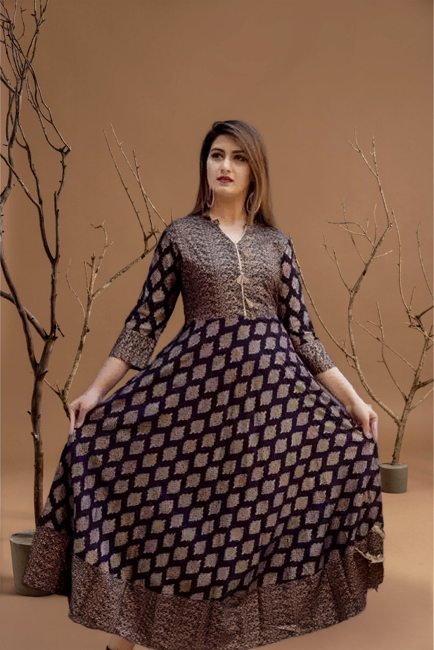 Rayon Printed Anarkali Kurti for Women (Navy Blue, S)