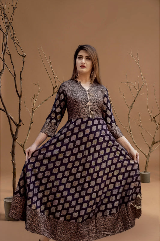 Rayon Printed Anarkali Kurti for Women (Navy Blue, S)