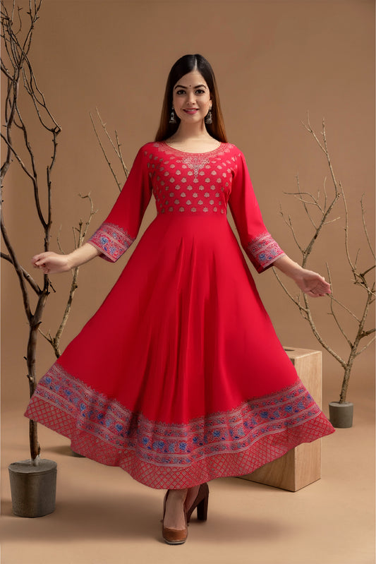 Rayon Printed Anarkali Kurti for Women (Red, S)