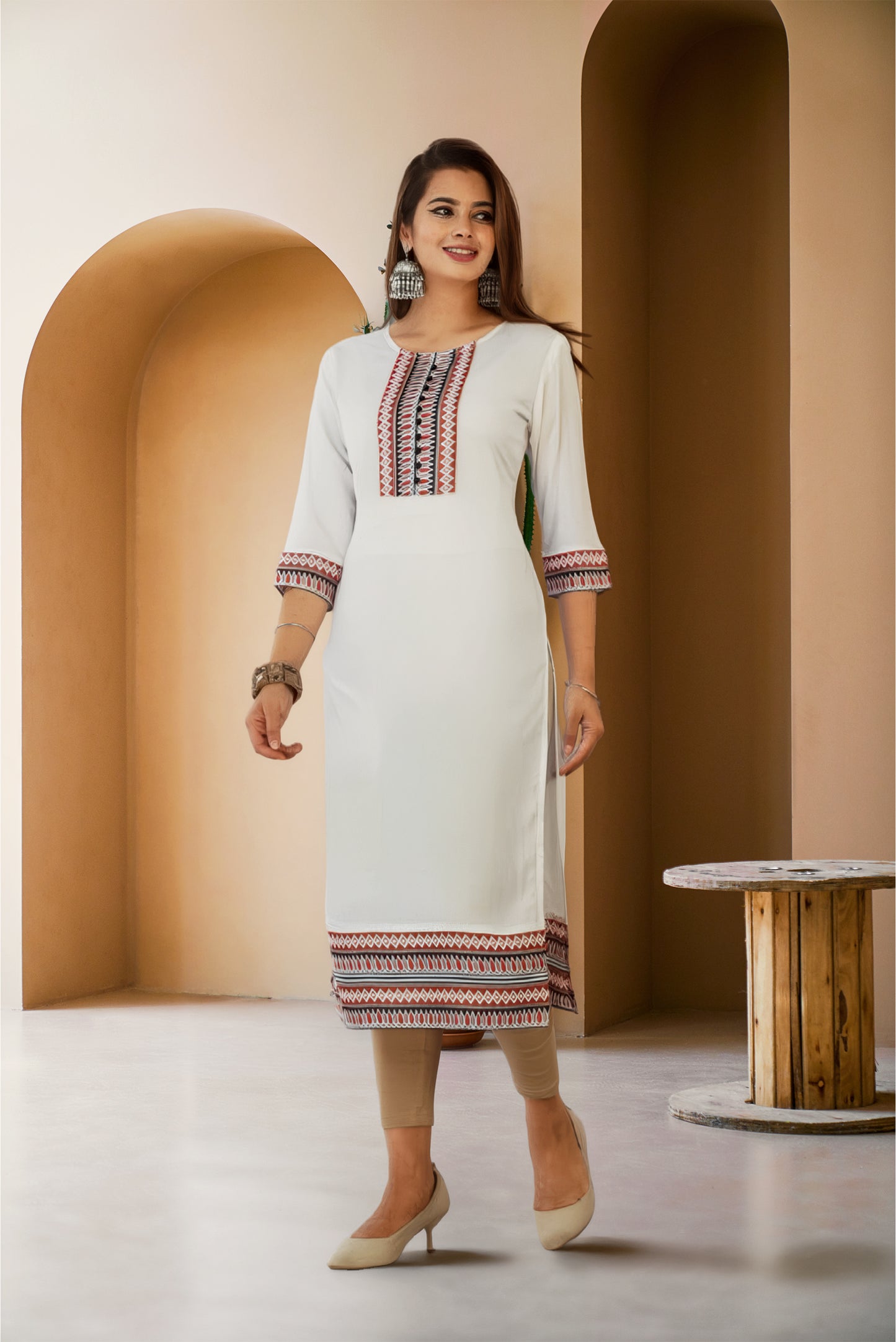 Women Cotton Embroidered Straight Kurti