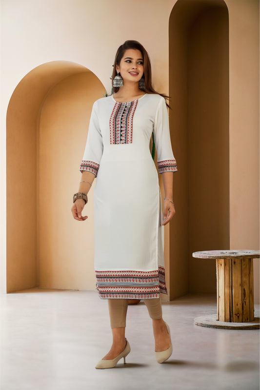 Women Cotton Embroidered Straight Kurti