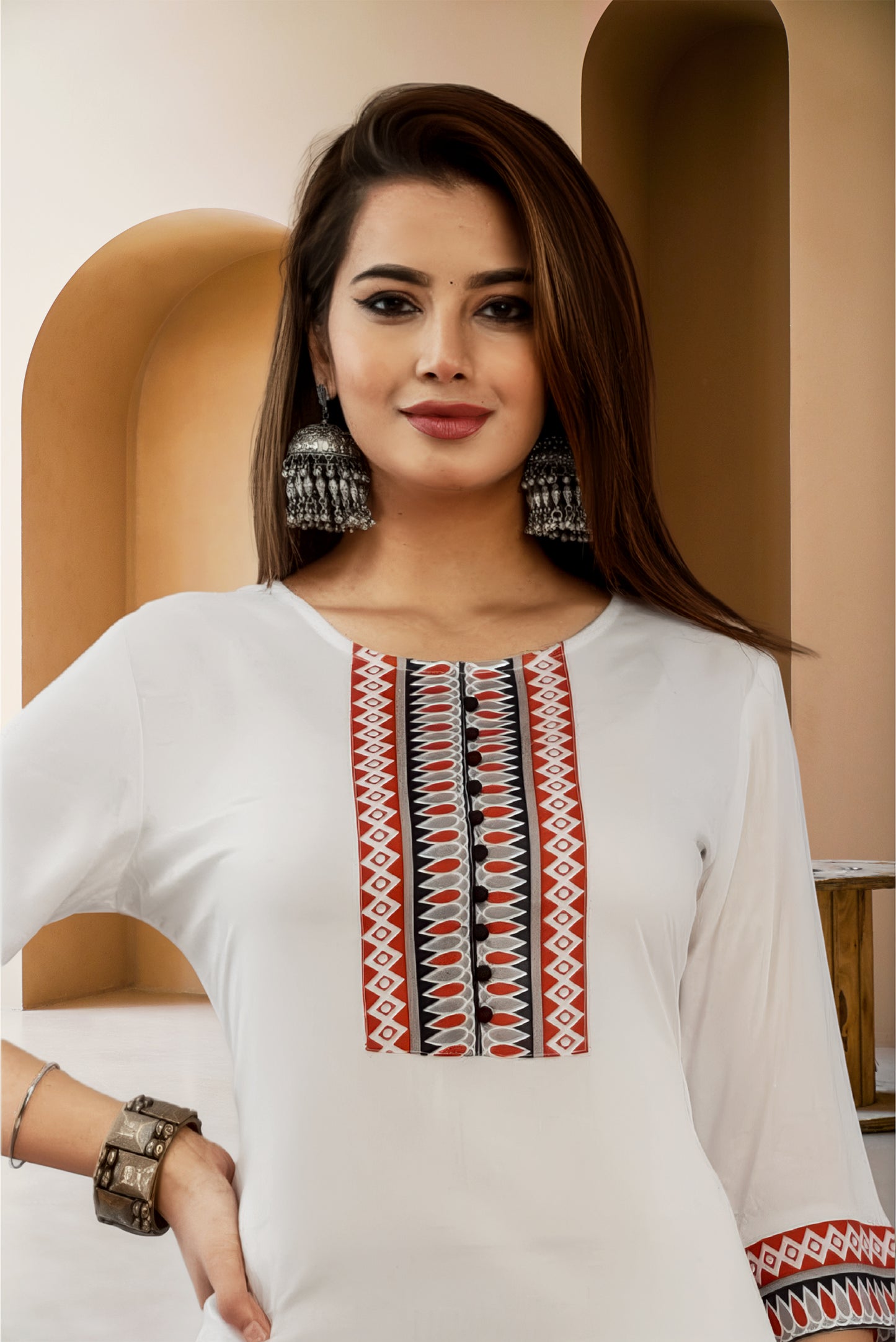 Women Cotton Embroidered Straight Kurti