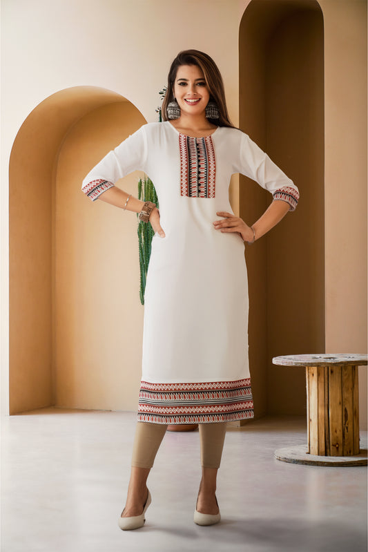 Women Cotton Embroidered Straight Kurti