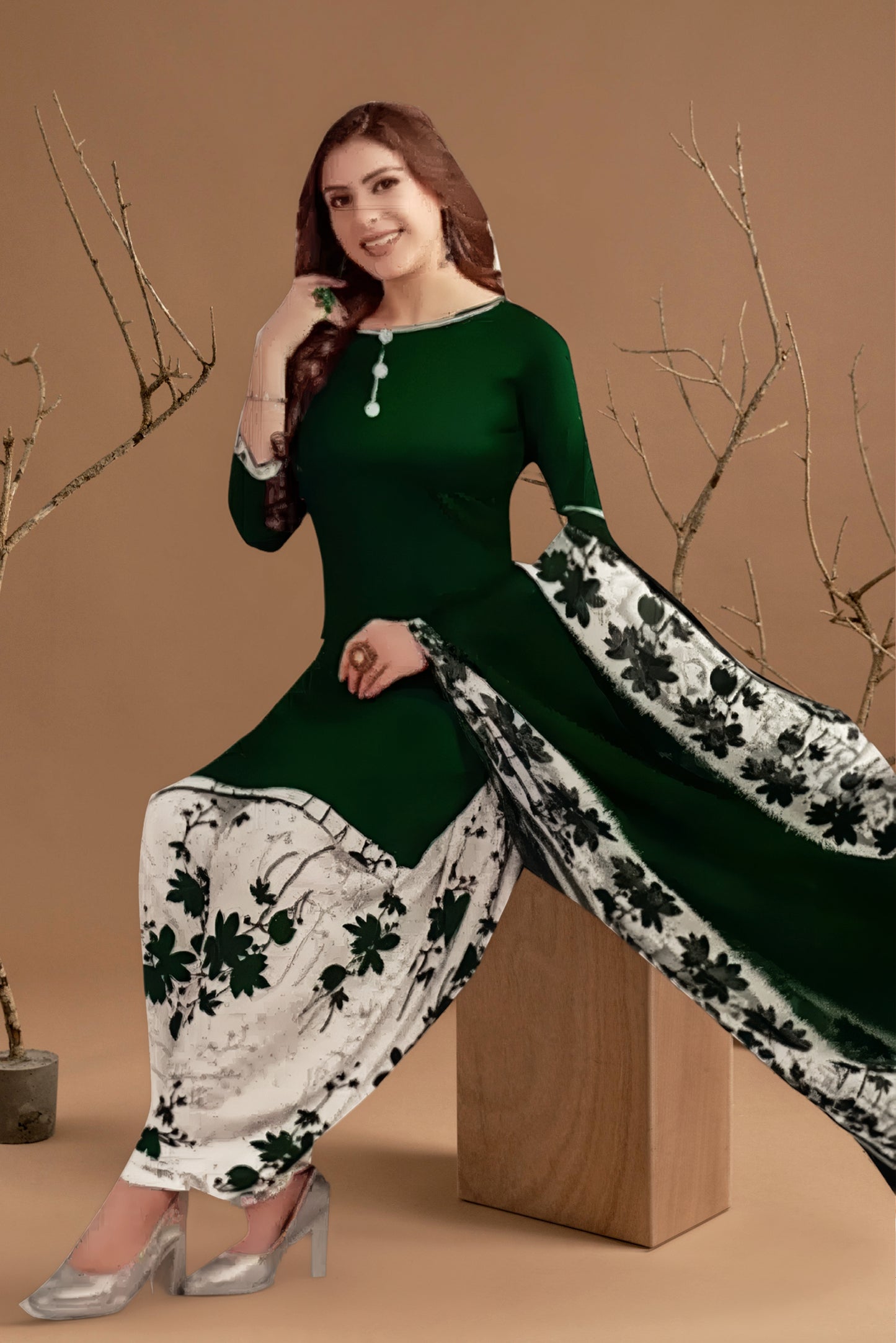 Crepe Printed Dress Material for Women & Girls (White & Green)