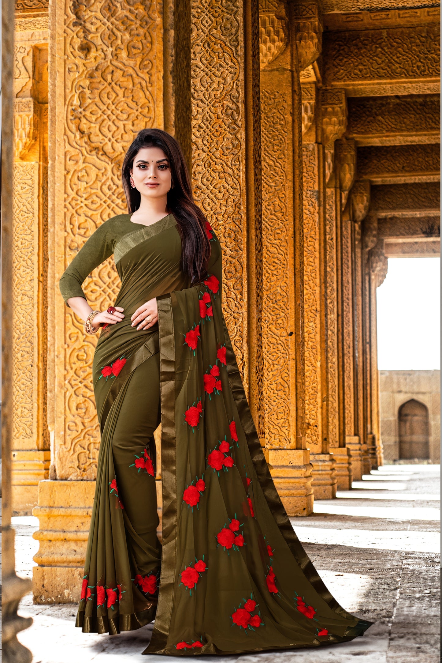 Georgette Embroidered Saree for Women (Olive, 6.3 m)