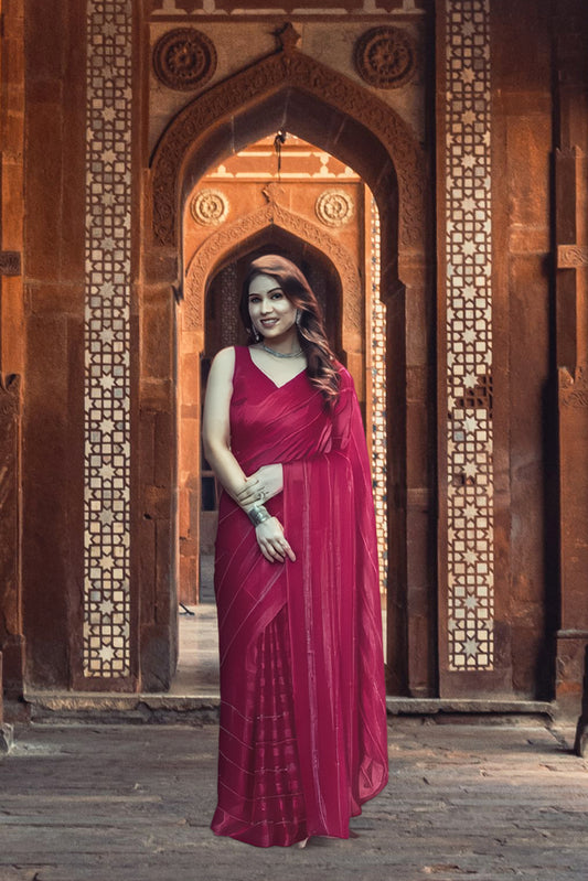 Georgette Striped Saree for Women (Pink, 6.3 m)