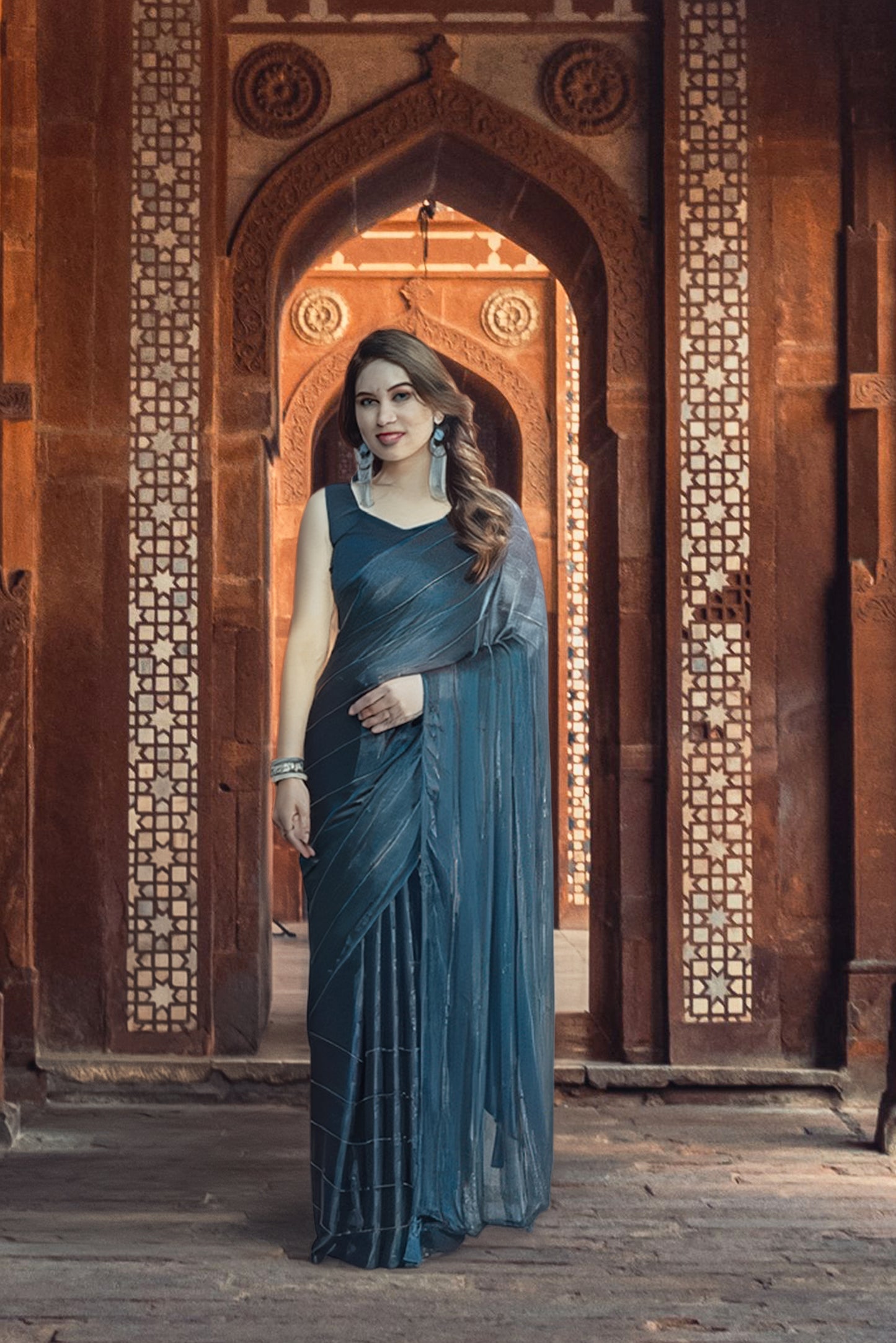 Georgette Striped Saree for Women (Teal, 6.3 m)