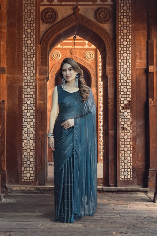 Georgette Striped Saree for Women (Teal, 6.3 m)