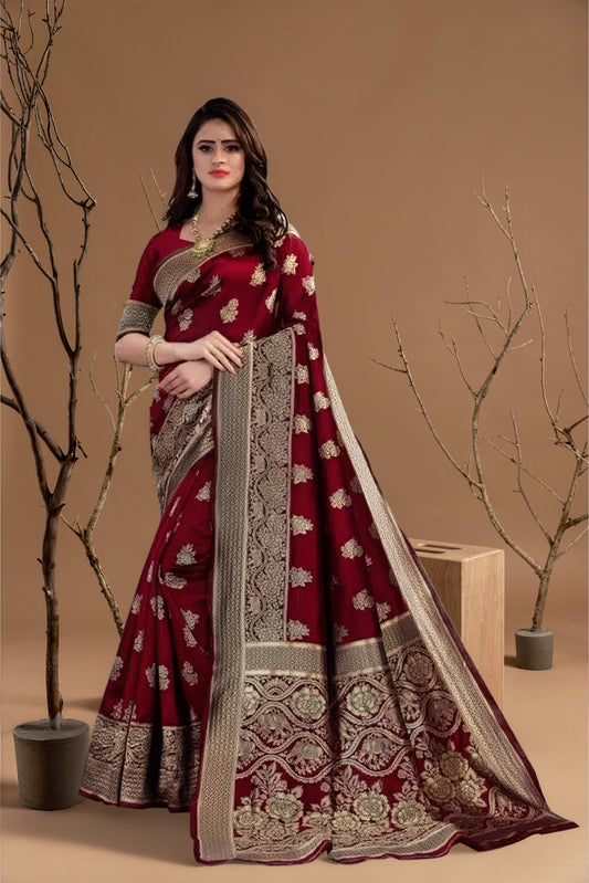 Jacquard Foil Printed Saree for Women (Maroon, 6.3 m)