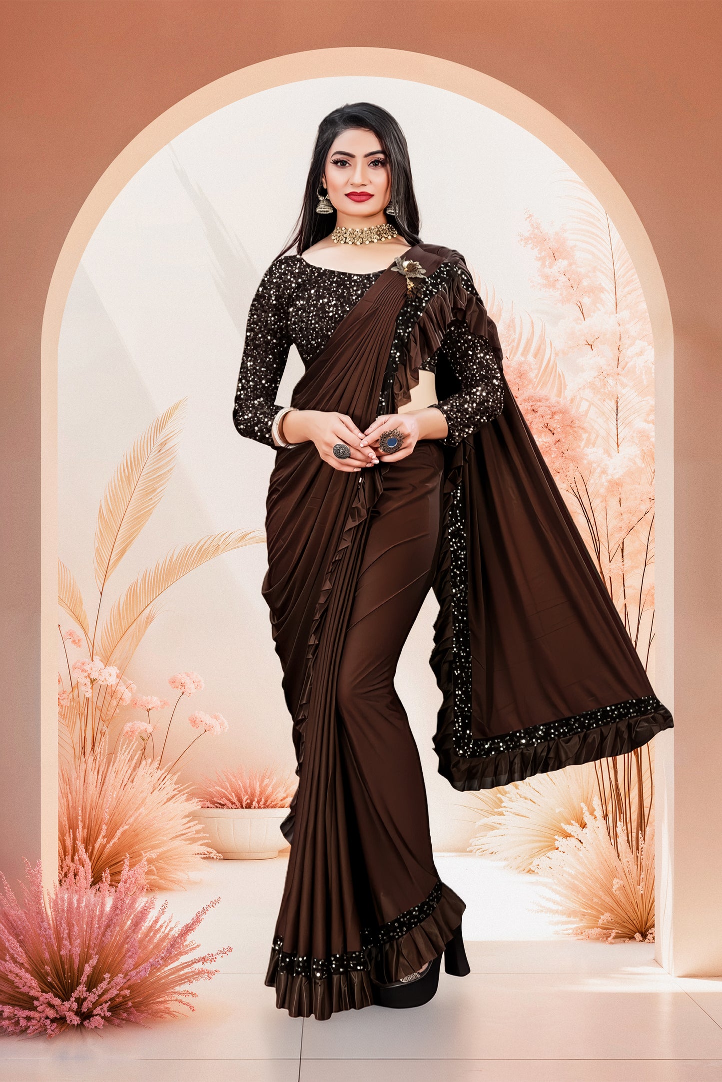 Lycra Blend Solid Saree for Women (Dark Brown, 6.3 m)