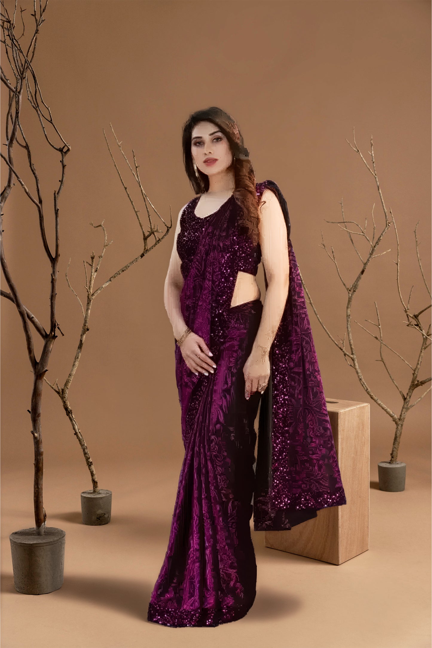 Lycra Blend Solid Saree for Women (Purple, 6.3 m)