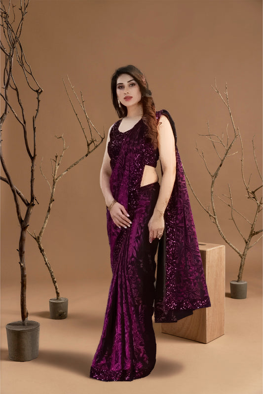Lycra Blend Solid Saree for Women (Purple, 6.3 m)