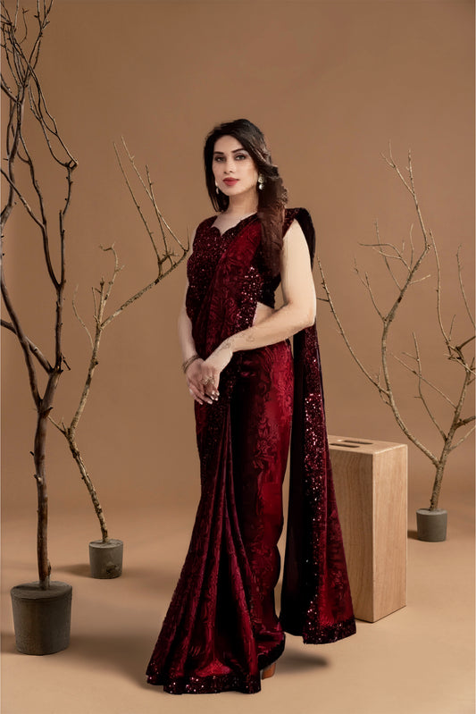 Lycra Blend Solid Saree for Women (Maroon, 6.3 m)