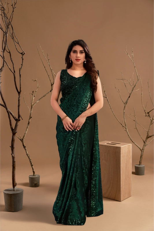 Lycra Blend Solid Saree for Women (Bottle Green, 6.3 m)