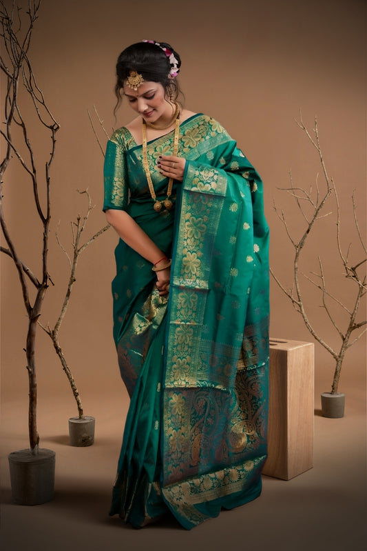 Banarasi Silk Embellished Saree for Women (Bottle Green, 6.3 m)