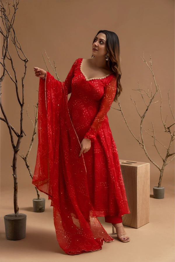 Women'S Red Bandhani Styles Gown Discover Your Perfect Style.