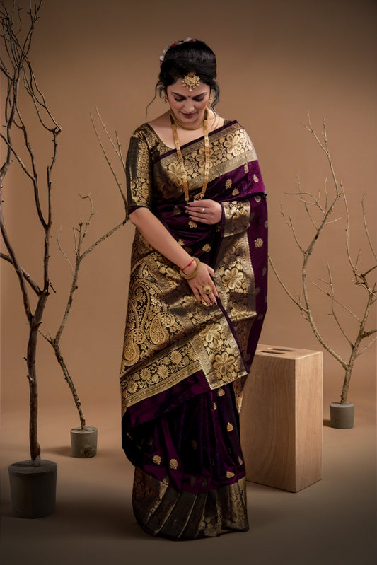 Banarasi Silk Embellished Saree for Women (Wine, 6.3 m)