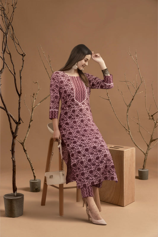 Floral Printed Women Cotton Women Kurta With Pant (2 Psc Set)