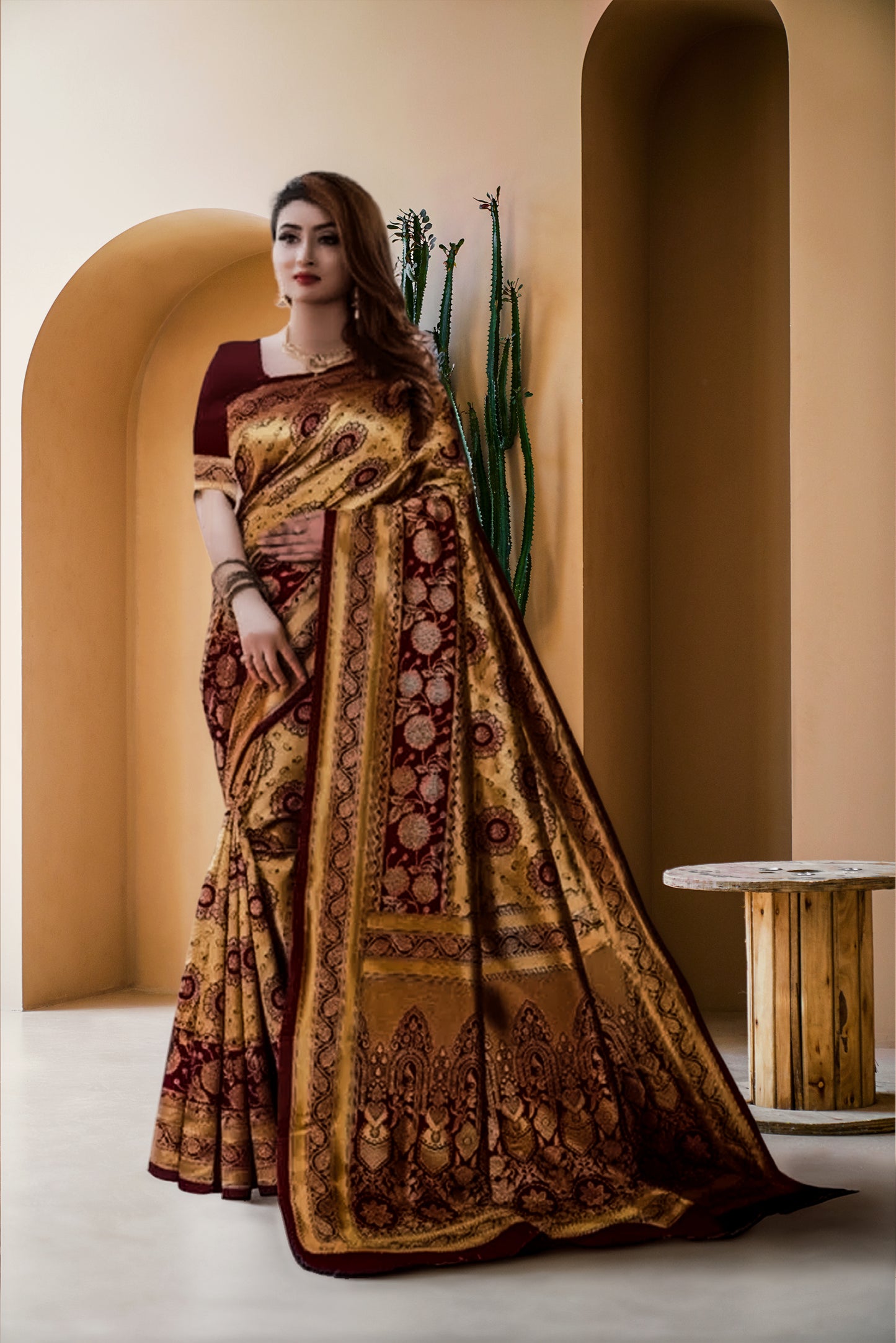 Banarasi Silk Saree With Blouse For Women (Golden & Dark Red, 6.3M)