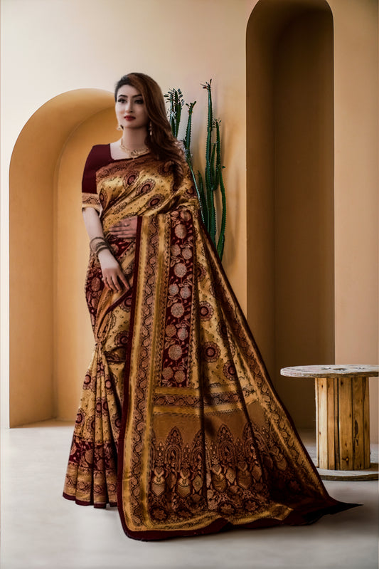 Banarasi Silk Saree With Blouse For Women (Golden & Dark Red, 6.3M)