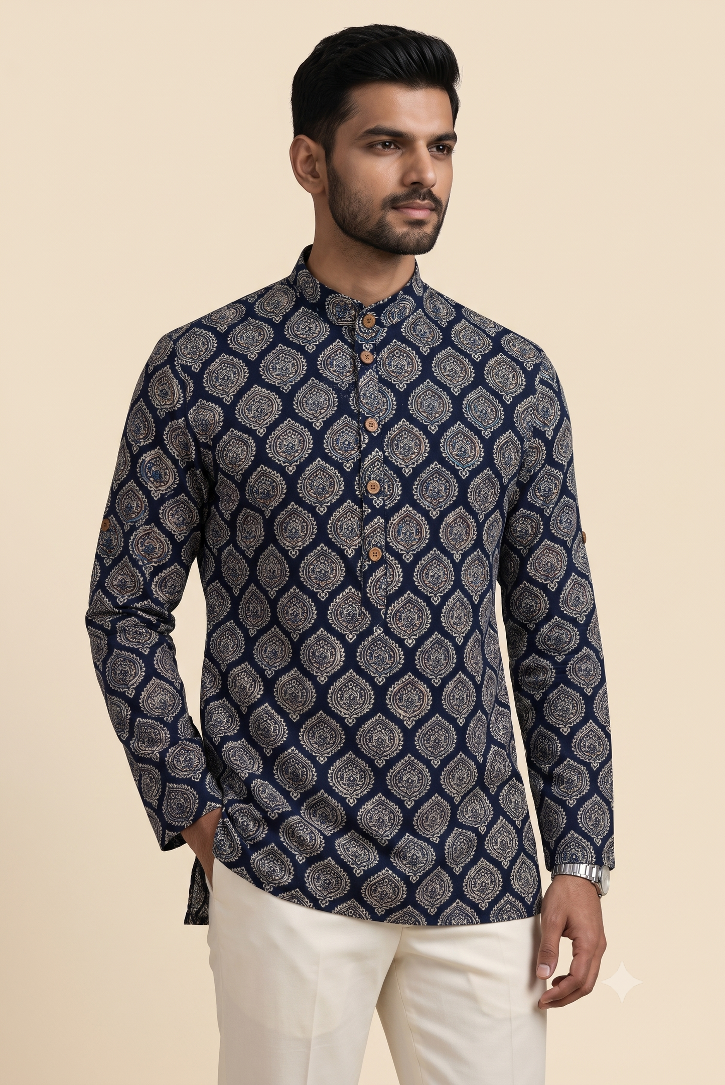 Premium Navy Ajrakh Short Kurta