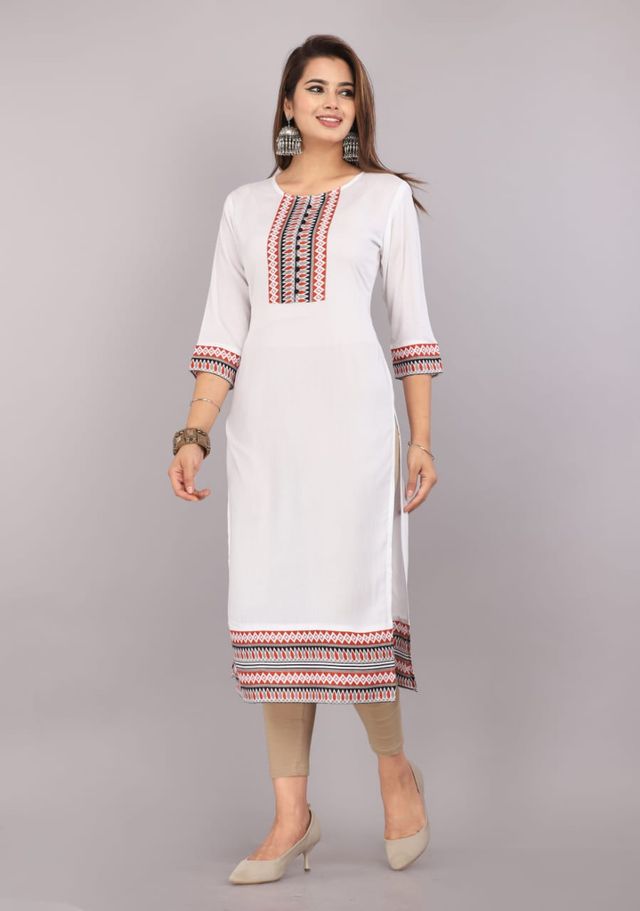 Women Cotton Embroidered Straight Kurti