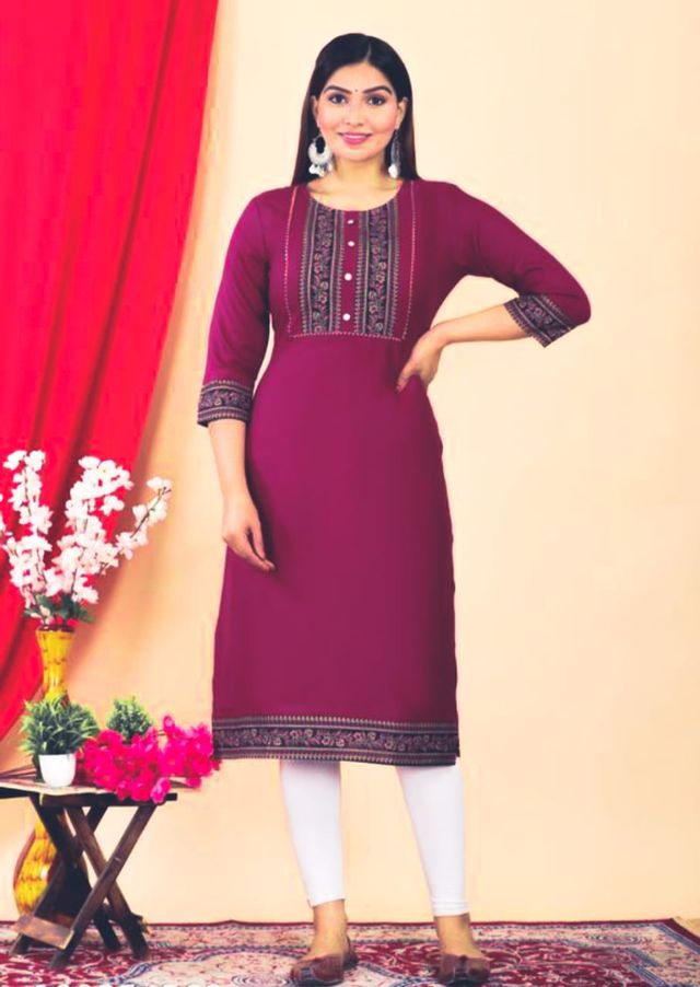 Maroon Embroidered Cotton Straight Kurta for Women